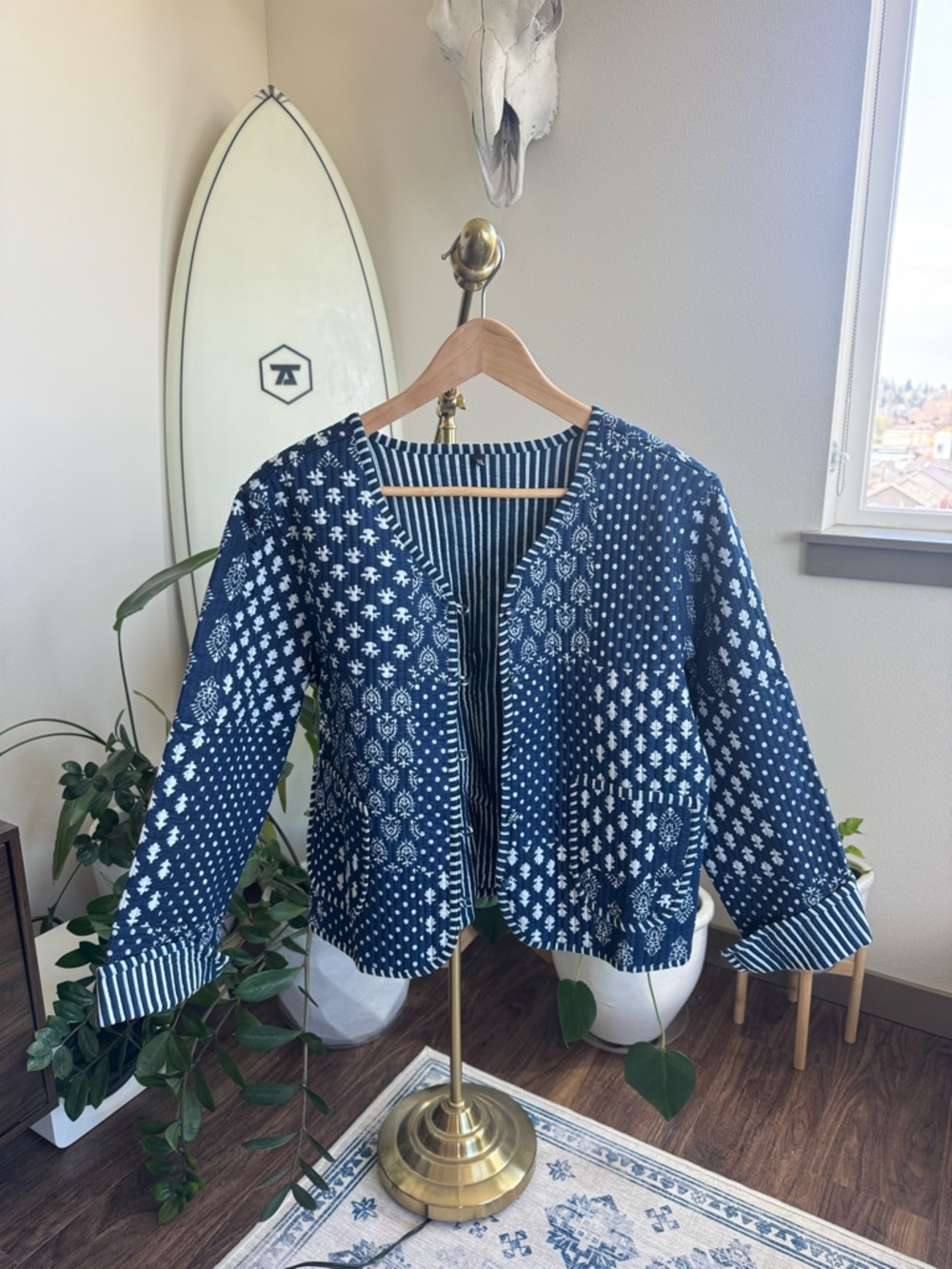 NWOT Blue & White Quilted Kantha Liner Jacket